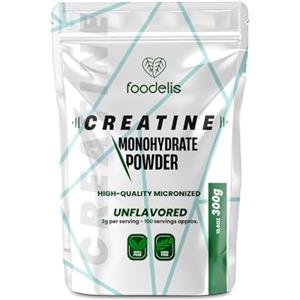 Foodelis Creatina Monoidrato Micronizzata in Polvere 300g - Senza Sapore - 100% Creatina Pura - Senza Additivi - Facile da Miscelare - Misurino Incluso