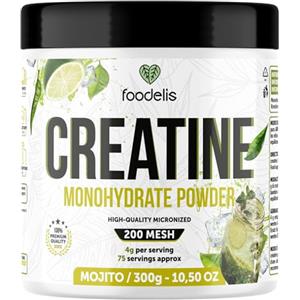 Foodelis Creatina Monoidrato in Polvere - 100% Creatina Micronizzata - Alta Purezza - Senza Additivi - Vegana - Alta Solubilità - Misurino Incluso (300g, Mojito)