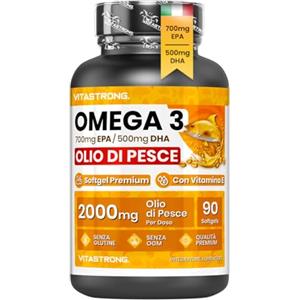 Vitastrong Omega 3 - Integratore di Olio di Pesce 2000mg con 700mg EPA e 500mg DHA, Capsule Molli con Vitamina E
