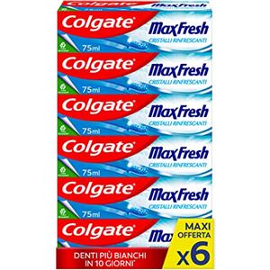 Colgate Dentifricio Max Fresh Cristalli Rinfrescanti 6 Confezioni da 75 ml I Freschezza 10 Volte a Lungo I Menta Glaciale I Denti più bianchi I Aiuta a combattere le carie