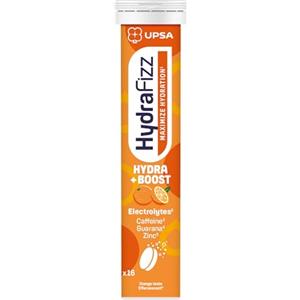 UPSA Hydrafizz Boost, 16 Compresse Effervescenti, Integratore Alimentare con Elettroliti, Caffeina e Guaranà, Gusto Arancia, Massimizza Idratazione, Riduce la stanchezza, Supporto alla Concentrazione