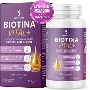 SANIVERAS BIOTINA CAPELLI, Unghie e Pelle 365 Compresse (Scorta 1 Anno) Integratore Naturale Biotina Zinco e Selenio Vitamine per Capelli Crescita e Anticaduta Donna e Uomo Alta Dosaggio Made in Italy