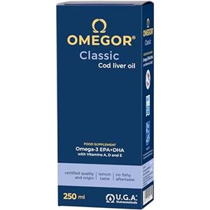 Omegor Olio di Fegato di Merluzzo Liquido OMEGOR Classic 250ml - Senza Retrogusto di Pesce - Omega 3 Liquido 1000mg con Vitamine A, D, E - 540mg DHA 360mg EPA