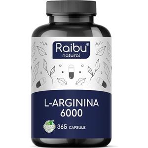 RAIBU L-Arginina - 365 Capsule Vegane - 6000 mg di L Arginina HCL Pura per Dose Giornaliera - Alto Dosaggio, Senza Additivi e Testato in Laboratorio - Naturale Integratore Alimentare