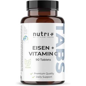 Nutri + nutri+ Compresse di Ferro 50 mg - alto Dosaggio + vegane con Vitamina C naturale da Acerola - 90 Pastiglie di Bisglicinato ferroso - per Donne in Gravidanza e Bambini ecc