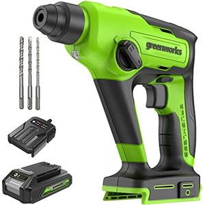 Greenworks Tools Perceuse à percussion sans fil GD24SDS1K2 (Li-Ion 24V SDS 1.2 Joule, calcestruzzo, martello/foratura, 2 modalità velocità, batteria al litio da 2 Ah e caricatore), Grey, Green, Black