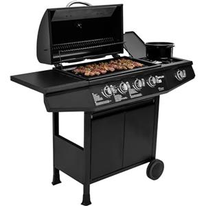 Amig - Barbecue a gas Fireplus 4+1 da 9,3 kW | Acciaio inossidabile Nero | Griglia ruote Modello GRILL-4F | Barbecue XXL con carrello e termometro | 126x52x103 cm | 5 bruciatori e Vassoio laterale