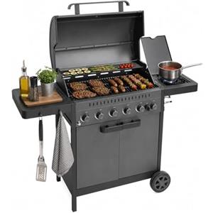 Amig - Barbecue a gas IGNIS 6+1 (6 bruciatori + 1 laterale) - 135 x 55 x 110 cm - Superficie di cottura 72 x 38 cm - Con termometro, ripiani laterali, ruote e griglia in ghisa - Nero