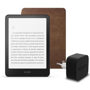 Amazon I'ultimo Kindle Paperwhite (versione 2024) da 16 GB con pubblicità, una custodia in pelle Amazon Premium e un alimentatore Amazon Powerfast da 9 W.