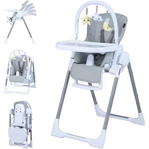 RELAX4LIFE Seggiolone Pappa per Bambini, Regolabile in Altezza, Schienale e Poggiapiedi Regolabili, Vassoio Rimovibile, Seggiolone Pieghevole per Bambini 6-36 Mesi (Grigio Chiaro)