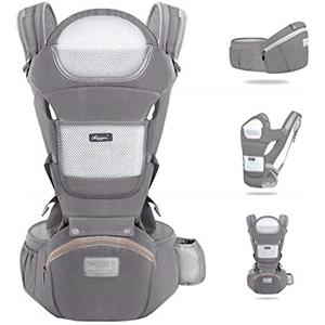 YIKANWEN Marsupio Neonato 0-36 mesi [Scopri di Più Sull'utilizzo] Marsupio Neonato Ergonomico a 25kg, Fascia Neonato con Sedile Multiposizione, Poggia Testa e Cappuccio, Cotone Traspirante, Grigio