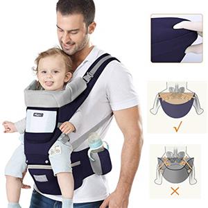 YIKANWEN Marsupio Neonato 0-36 mesi [Scopri di Più Sull'utilizzo] Marsupio Bambini Inferiore a 25kg, con Sedile Multiposizione, Poggia Testa e Cappuccio, Puro Cotone Traspirante e Leggero, Blu Scuro