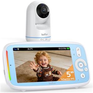 Boifun Baby Monitor con Telecamera Rotante 360° HD, Schermo IPS 5", Audio Bidirezionale, Rilevamento Temperatura, Batteria 3050mAh, Zoom 3X, Visione Notturna,Modalità VOX, Ninne Nanne per Neonati