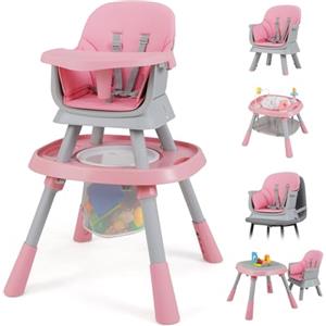 RELAX4LIFE All in 1 Seggiolone Pappa Evolutivo per Bambini, Seggiolone Traformabile, Set Tavolo e Sedia, Altezza Regolabile, Vassoio Rimovibile e Cintura di Sicurezza, per Neonati 6-36 Mesi (Rosa)
