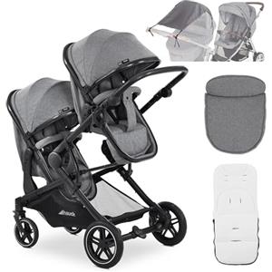 hauck Passeggino Gemellare Atlantic Twin dalla Nascita - 2 Navicelle Trasformabili in Sedute Reversibili Reclinabili | Accessori inclusi Zanzariera e Parasole UV50+ - Grigio Melange