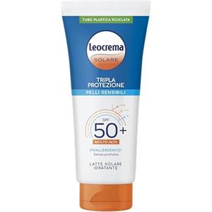 Leocrema - Crema Solare SPF 50+, per Pelli Sensibili, Tripla Protezione dai raggi solari, Senza Profumo, Resistente all'Acqua, 200 ml