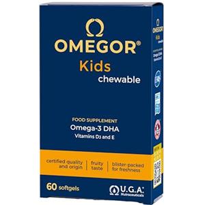 Omegor Omega 3 Bambini OMEGOR Kids 3+ Anni (60 Capsule Masticabili alla Frutta) - Ideale per Cervello, Vista, Ossa e Difese Immunitarie per Bambini con Vitamine D3 ed E - Ricco di EPA e DHA