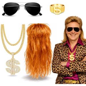 Costumed Set 4 in 1 Vokuhila 80 e 90 costumi - per costume di carnevale e carnevale con parrucca Assi Vokuhila, catena d'oro e occhiali e anello d'oro
