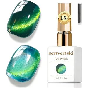 Senvenski Gelatina Vetro Cat Eye Smalto Semipermanente, 15ML Occhi di Gatto Magnetica per Gel Unghie Kit Olografico Glitterato Cristallo Smalti Unghie Salon Home DIY (Costa Verde, 0.5fl oz)