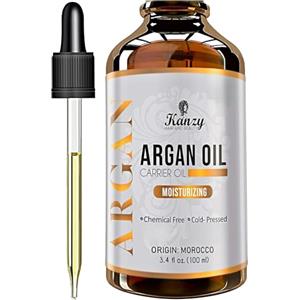 Kanzy Olio di Argan Pressato a freddo Idratante per Capelli, Corpo, Viso, Barba e Cuticole Unghie Argan Oil of Morocco Ricco di Vitamina E nella Bottiglia di Vetro