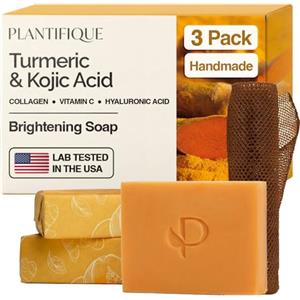 PLANTIFIQUE Sapone Esfoliante Curcuma Scrub Viso e Corpo con Rete Africana | Saponette Profumate Detergente Solida Donna e Uomo | Turmeric & Kojic Acid Peeling Soap | 3 Pezzi
