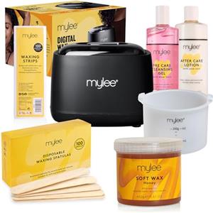 Mylee Kit Completo per Ceretta, con Scaldacera Digitale con Contenitore in Silicone, Strisce depilatorie, Spatole e Lozione Pre e Post Depilazione (Kit con Cera al Miele)