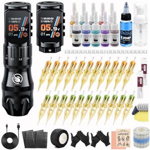 LIUMATE Kit Macchina Senza Fili con con 2 Batteria da 2200 mAh 7 Corse 2.3-4.5mm, Wireless Rotative Macchine con 20 aghi 10 Bottiglie di Inchiostro per principianti e artista LIUMATE