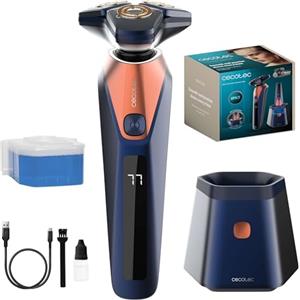 Cecotec Rasoio Rotativo con Base Autopulente PrecisionCare Saphire Pro. 3-5 min, Include Liquido Autopulente, Autonomia 90min, Lame Titanio, Resistente all'Acqua IPX7