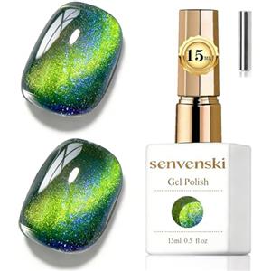 Senvenski Gelatina Vetro Cat Eye Smalto Semipermanente, 15ML Occhi di Gatto Magnetica per Gel Unghie Kit Olografico Glitterato Cristallo Smalti Unghie Salon Home DIY (Aurora Verde, 0.5fl oz)