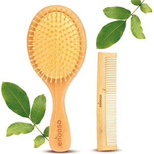 ENOOSO Spazzola Legno per Capelli e Pettine in Bambù Naturale | Lisciante e Districante con Setole Morbide | Manico grande per Massaggiare il cuoio capelluto