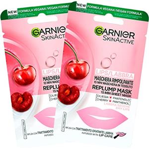 Garnier 2x Garnier Skinactive Maschera Labbra Secche Rimpolpante in Tessuto Gusto Ciliegia - 2 Confezioni con 1 Trattamento Monouso