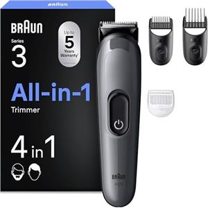 Braun Rifinitore All-In-One Series 3 AIO3500, Rasoio Elettrico 4In1, Lama Ultra Affilata A Vita, 14 Lunghezze, 50 Min Autonomia, Per Viso E Capelli, Grigio