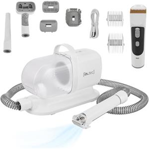 in.tec Kit Toelettatura 5 in 1 per Animali Domestici Tosatrice Elettrica e Aspirapolvere con Contenitore Rimovibile Trimmer Cani Gatti Asciugapeli - Bianco