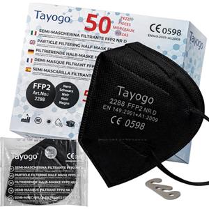 Tayogo 50 Mascherine FFP2 Nere Certificate CE 0598 - 5 Strati, Filtrazione ≥ 99,5% - Anallergiche, Comode, Prive di Odore Mascherina Bianca Ultra Confortevole Confezionate Singolarmente + 2 Gancetti