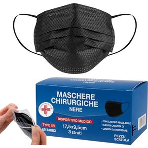 Stone&Stone S&SMedical 100 Mascherine chirurgiche nere 3 veli certificate CE | Dispositivo Medico di tipo 2r Resistente agli spruzzi 98% di protezione | Mascherina chirurgica Soffici senza odore (Nero)