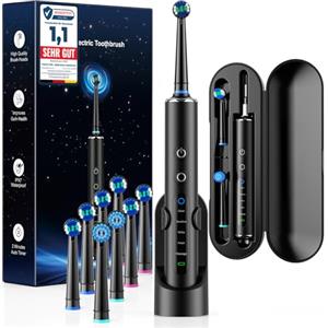 Nevoke Spazzolino Elettrico Rotante per Adulti e Bambini con 3 Intensità e 5 Modalità, Electric Toothbrush con 8 Testine, Custodia da Viaggio, Impermeabile IPX7, Batteria con Autonomia di 120 Giorni (Nero)