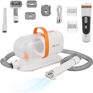 in.tec Kit Toelettatura 5 in 1 per Animali Domestici Tosatrice Elettrica e Aspirapolvere con Contenitore Rimovibile Trimmer Cani Gatti Asciugapeli - Bianco/Arancio
