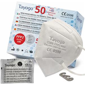 Tayogo 50 Mascherine FFP2 Bianche Certificate CE 0598 - 5 Strati, Filtrazione ≥ 99,5% - Anallergiche, Comode, Prive di Odore Mascherina Bianca Ultra Confortevole Confezionate Singolarmente + Gancetto