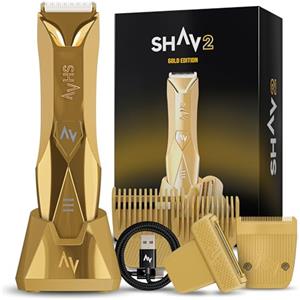 Shav Gold, rasoio per capelli, rasoio da uomo, rasoio per corpo e luoghi intimi, impermeabile IPX7, per la rasatura a umido e asciutto, senza fili, edizione limitata