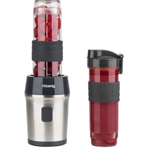 H.Koenig Mini frullatore SMOO9 Smoothie Maker, 570mL, 300W, 4 lame in acciaio inox, senza BPA, 2 bottiglie portatili da viaggio, frullati e frappé, Grigio