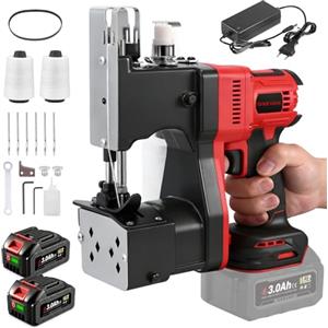 ONEVAN Macchina da CucireElettrica, 2 Batterie 4,0AH, Motore in Rame 210W, Per Sacchi in Tessuto, Iuta e Carta Kraft, Tagliafilo Automatico, Spessore di Cucitura 8-15 mm, Ideale per Industria (Rosso)