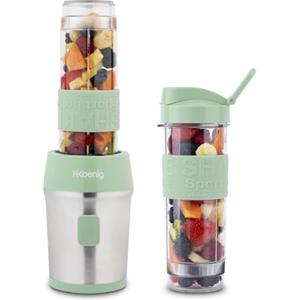 H.Koenig Mini frullatore SMOO18 Smoothie Maker, 570mL, 300W, 4 lame in acciaio inox, senza BPA, 2 bottiglie portatili da viaggio, frullati e frappé, Verde pastello