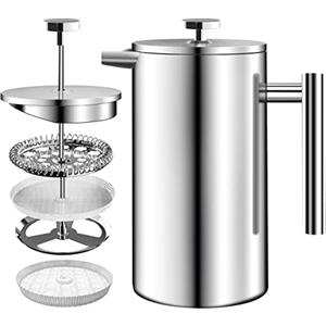 KICHLY Caffettiera a pistone in acciaio inox, macchina per caffè espresso e tè con triplo filtro, vetro resistente al calore con pistone in acciaio, caffettiera portatile, 34 oz (1,0 litri), argento