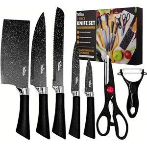 La Moustache - Set di Coltelli 7 Pezzi da Cucina Professionali, Inossidabile e Antiaderenti, Forbici, Pela Verdure, Coltelli da Chef per Pane e Carne, Ergonomici e Prova di Calore (Marmo)