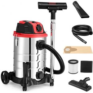 BAKAJI Aspirapolvere Professionale per Liquidi e Solidi Potenza 1200 W, Aspiratutto Aspiraliquidi con Filtro Interno, Filtro HEPA, Tubo Aspirante Flessibile e Bidone in Acciaio Inox da 30 Litri