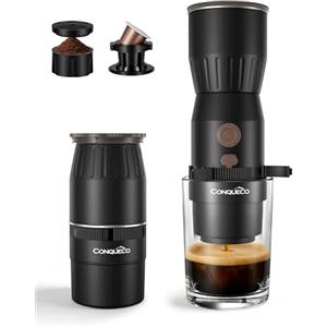 CONQUECO Macchina Caffè Portatile 2in1, 455g Ultraleggera Non Riscalda l'Acqua (Richiede Acqua Calda), Serbatoio 160ml, Cialde NS e Macinato, USB-C 250 Tazzine, 30s Estrazione, Per Campeggio e Viaggio