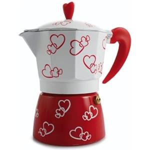 EMPOTEC Caffettiera Moka Express Cuoricini Caffè in Polvere Macinato Manico e Pomello PP Antiscottatura in Alluminio 3 tazze 15x8cm Bianco Rosso Cuori NO INDUZIONE