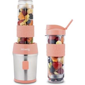 H.Koenig Mini frullatore SMOO10 Smoothie Maker, 570mL, 300W, 4 lame in acciaio inox, senza BPA, 2 bottiglie portatili da viaggio, frullati e frappé, Corallo