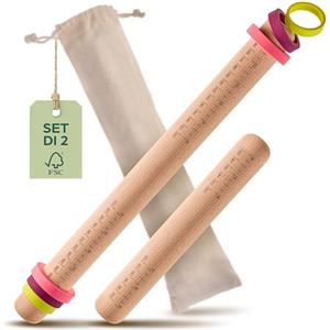 Praknu Mattarello con Anelli Regolabili per lo Spessore dell'Impasto - Set da 2 in Legno Certificato FSC® - Per una Distribuzione Uniforme