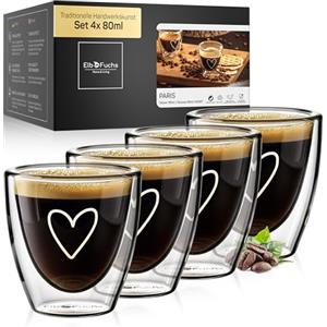 ElbFuchs® Set di tazzine caffe espresso [4x 80 ml] vetro, particolari | trasparenti | doppia parete | Idee regalo donna compleanno, mamma